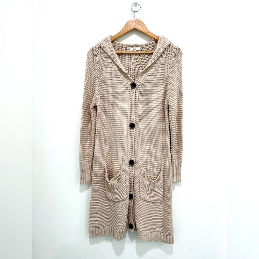 Easel Cream Knitted Button-Down 100% Cotton Long Fisherman Hooded Cardigan S/M